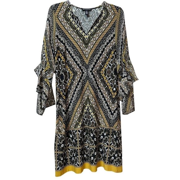 INC graphic paisley print dress ruffled sheer long sleeves women's size 4 - Picture 1 of 7